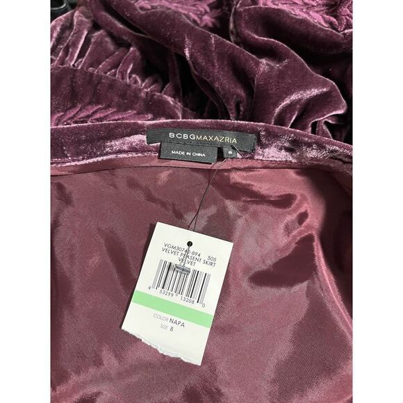 BCBGMaxAzria Tiered Velvet Peasant Skirt Size 8 Maroon Embroidered Knee Length - Picture 7 of 9